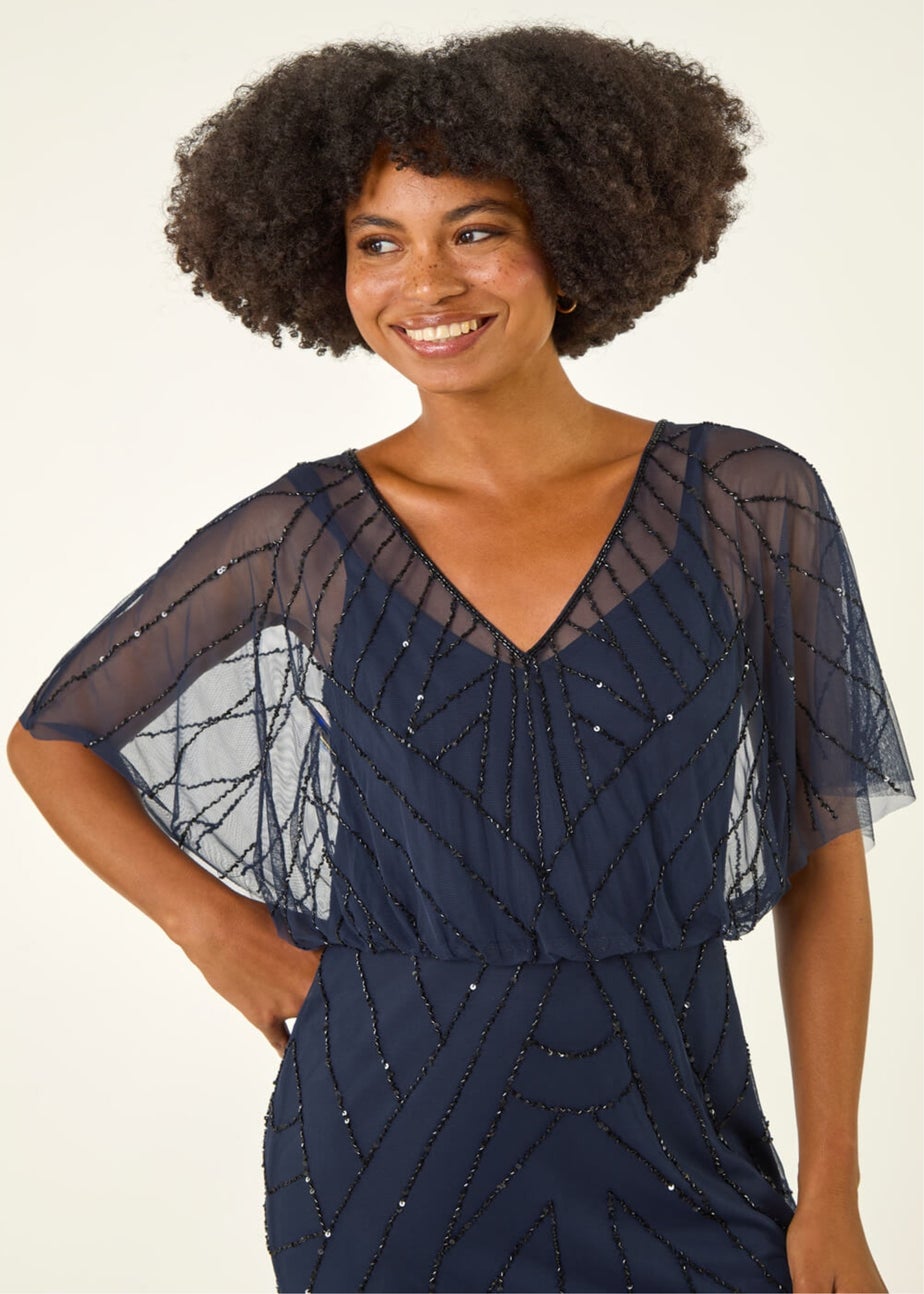 Roman Midnight Blue Beaded V-Neck Midi Dress