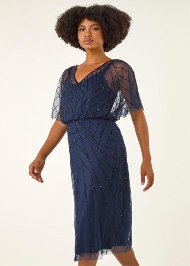 Roman Midnight Blue Beaded V-Neck Midi Dress