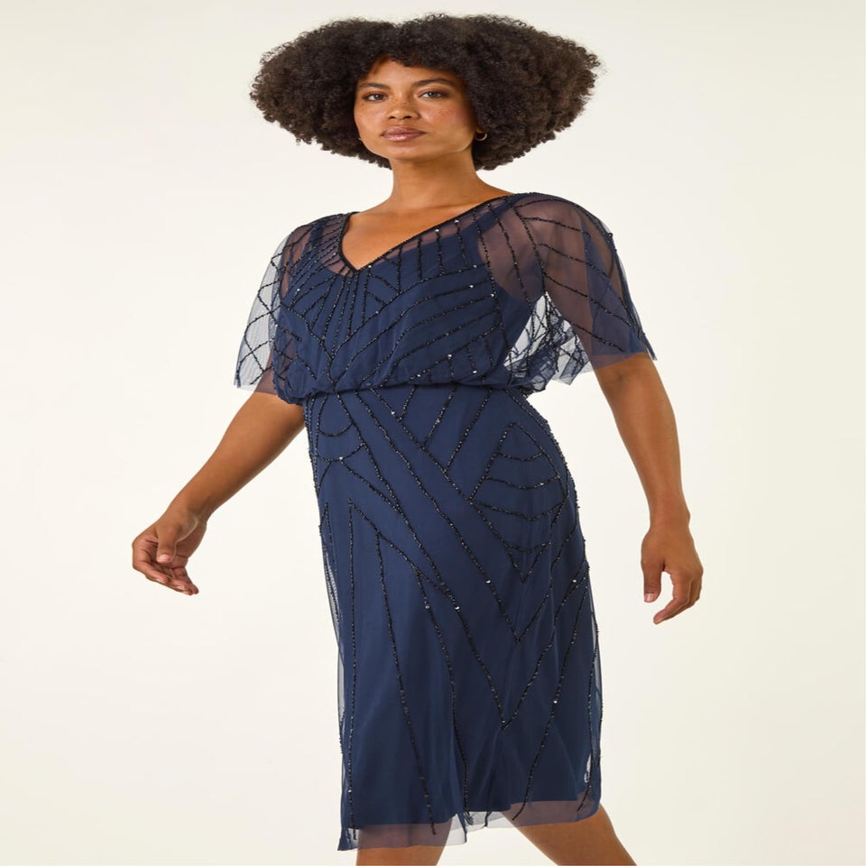 Roman Midnight Blue Beaded V-Neck Midi Dress