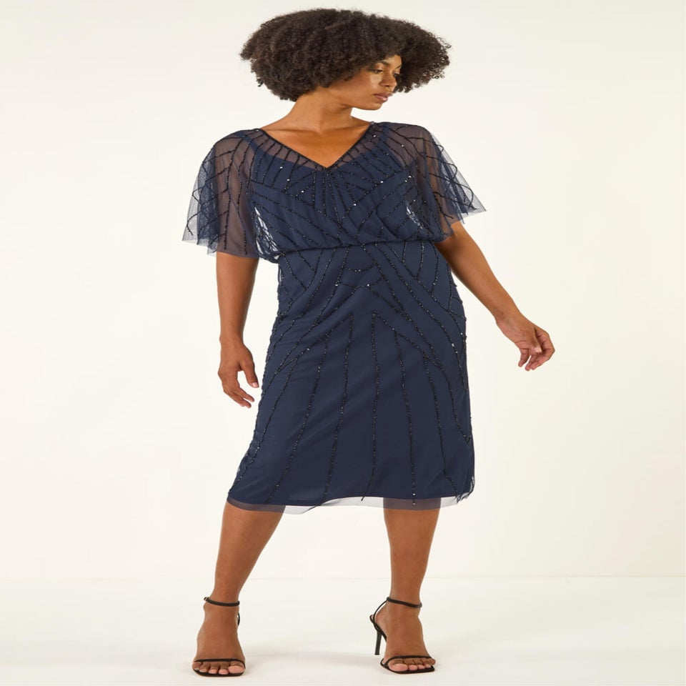 Roman Midnight Blue Beaded V-Neck Midi Dress