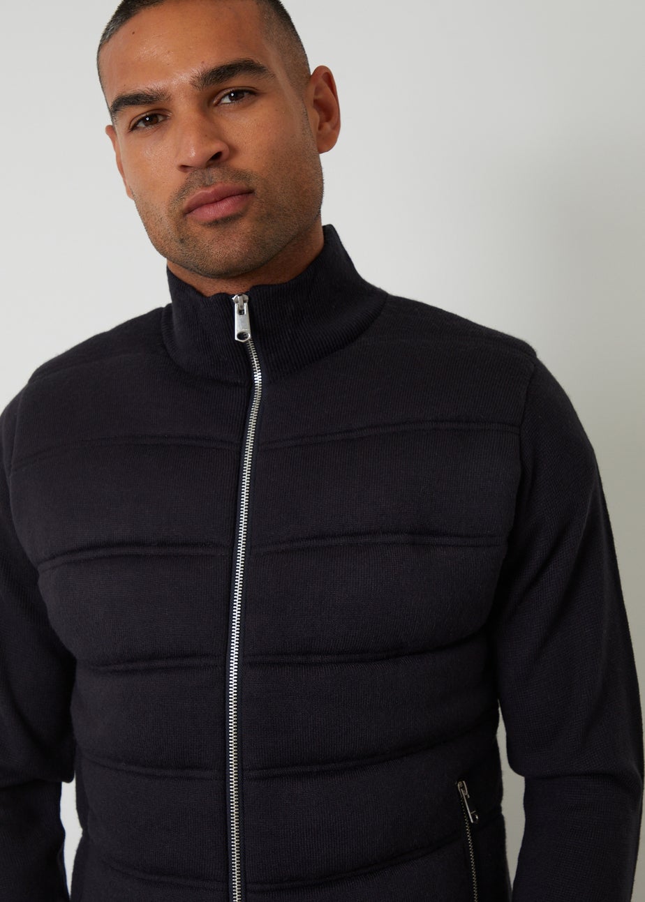 Threadbare Navy Quilted Zip Up Knitted Jacket