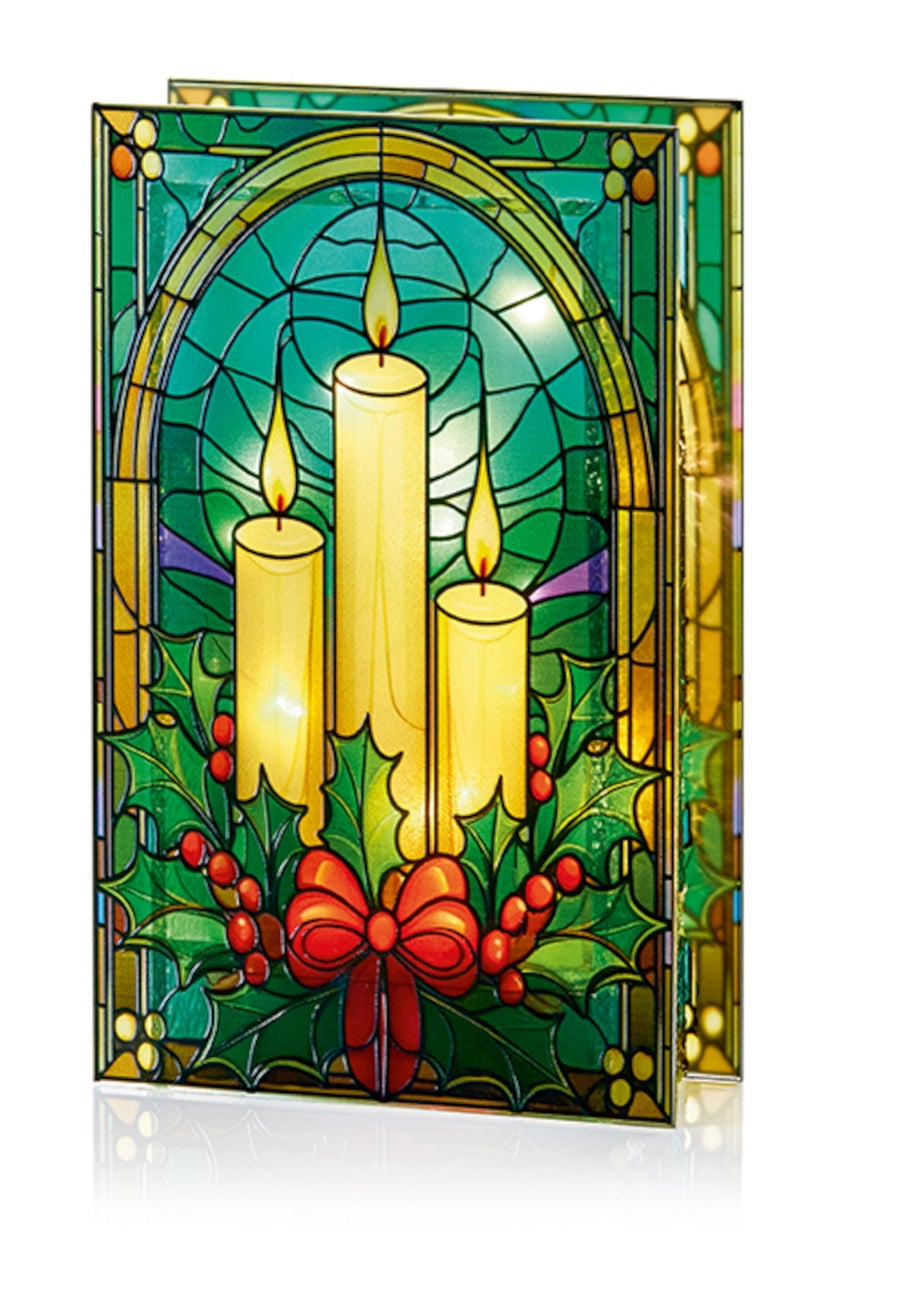 Premier Decorations Battery Operated Candles & Holly Lit Stained Glass Window Ornament