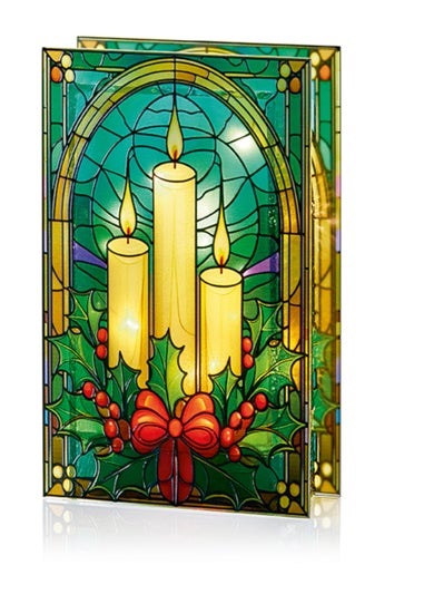 Premier Decorations Battery Operated Candles & Holly Lit Stained Glass Window Ornament
