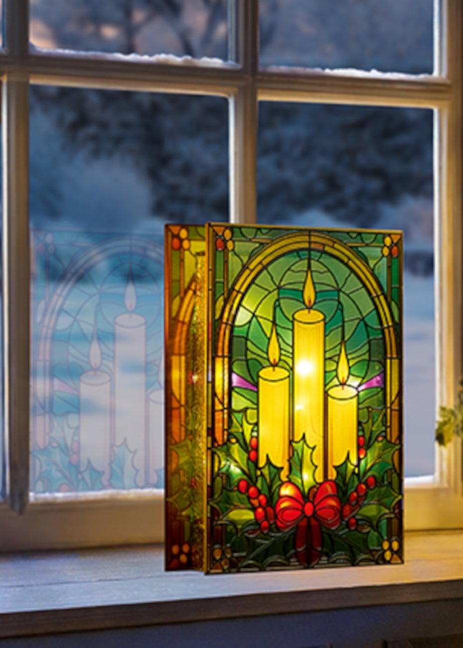 Premier Decorations Battery Operated Candles & Holly Lit Stained Glass Window Ornament