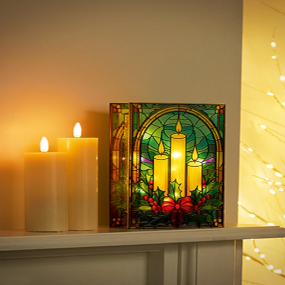 Premier Decorations Battery Operated Candles & Holly Lit Stained Glass Window Ornament