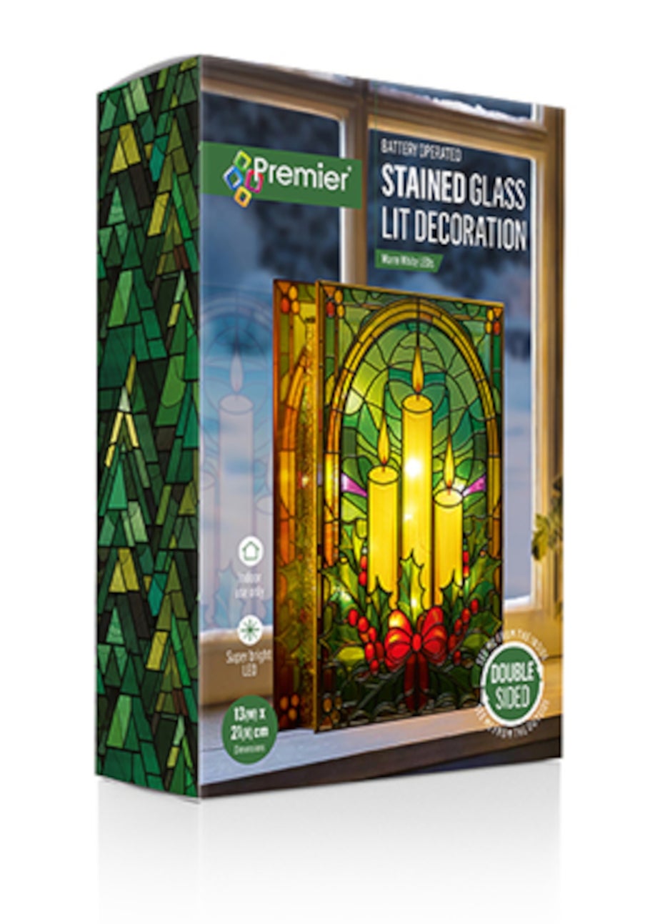 Premier Decorations Battery Operated Candles & Holly Lit Stained Glass Window Ornament