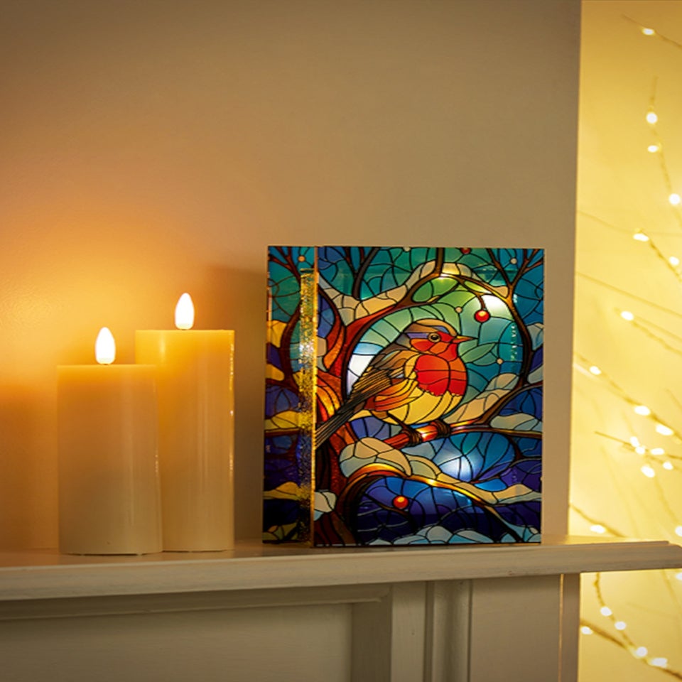 Premier Decorations Battery Operated Robin on Branch Stained Glass Window Ornament