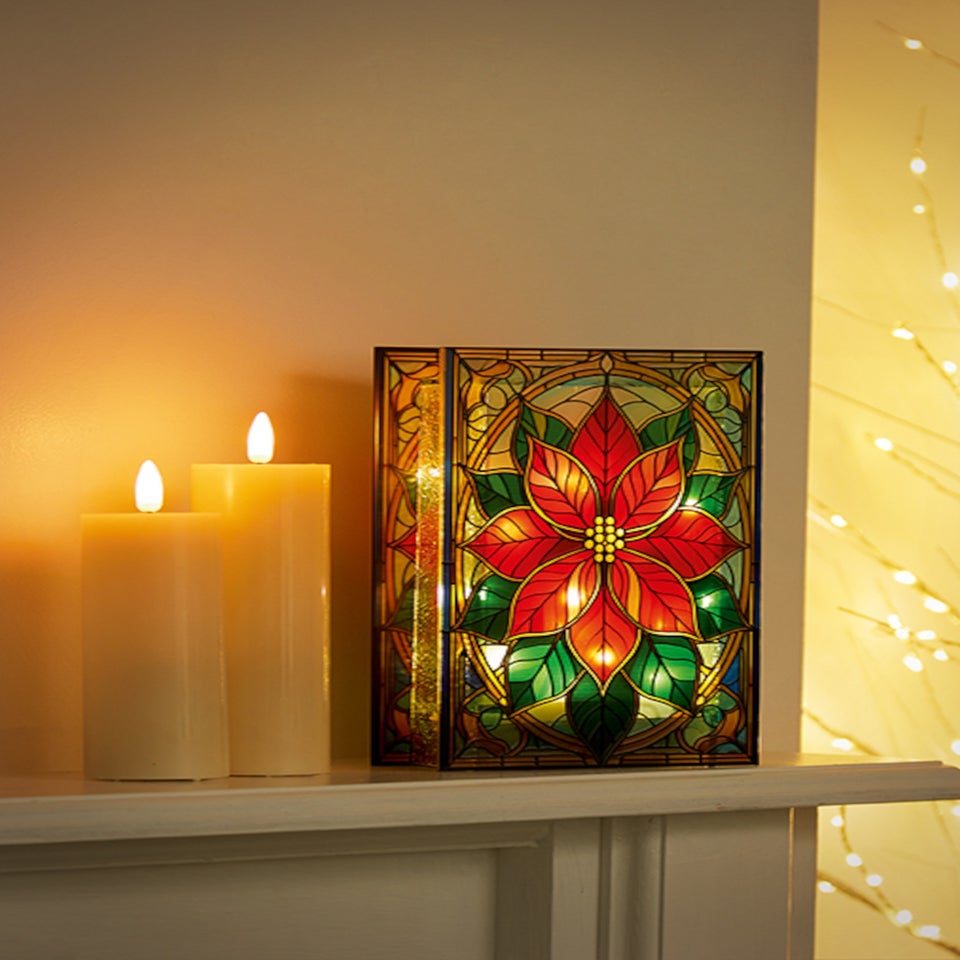 Premier Decorations Battery Operated Poinsettia Lit Stained Glass Window Ornament
