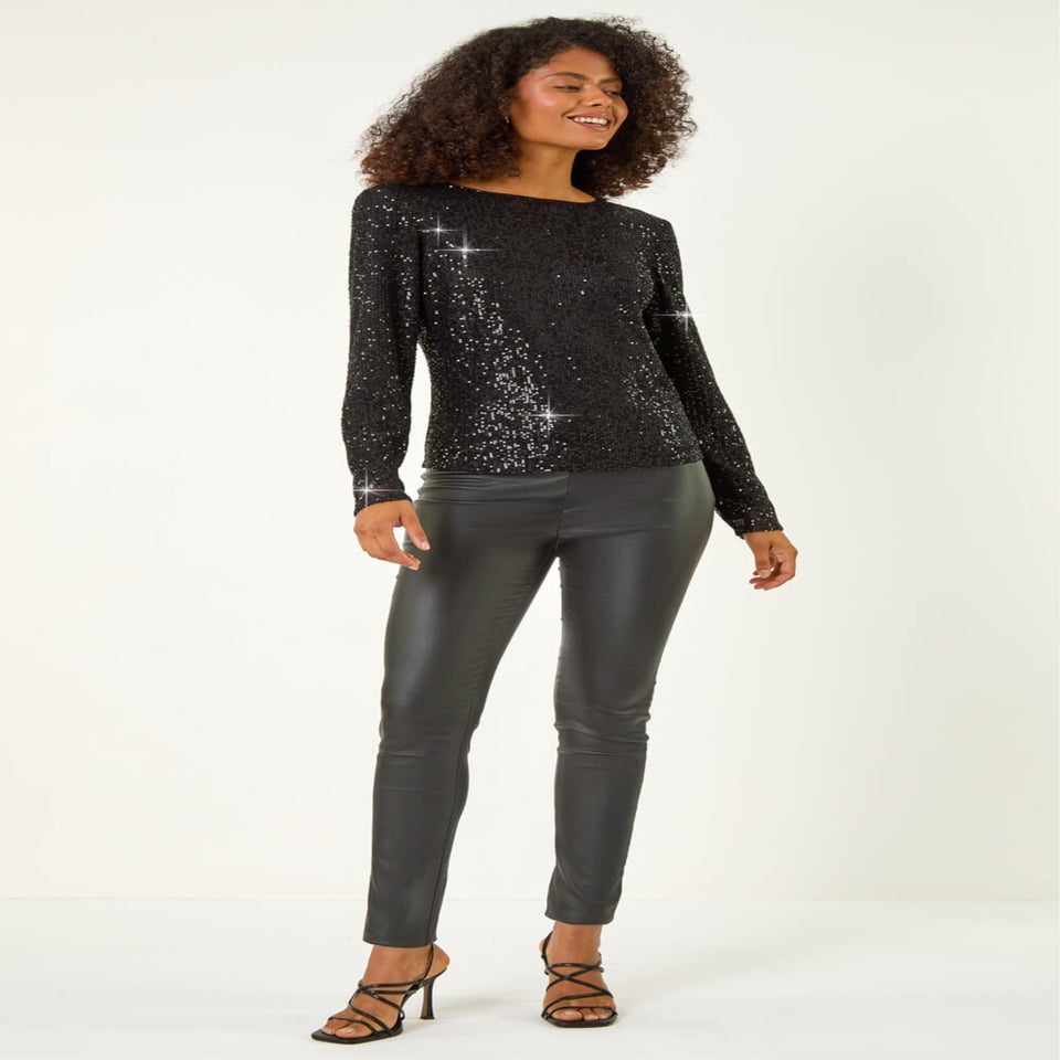 Dusk Black Sequin Long Sleeve Stretch Top