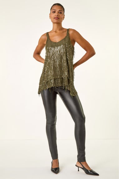 Roman Khaki Tassel Sequin Chiffon Top