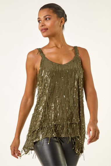 Roman Khaki Tassel Sequin Chiffon Top