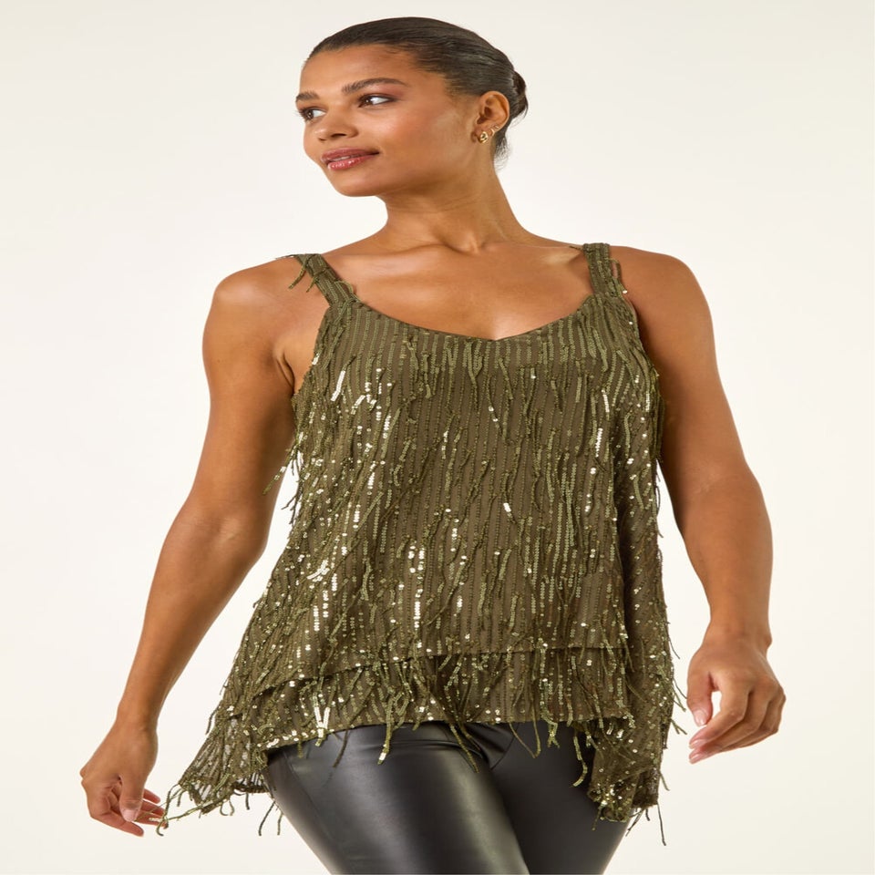 Roman Khaki Tassel Sequin Chiffon Top