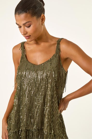 Roman Khaki Tassel Sequin Chiffon Top