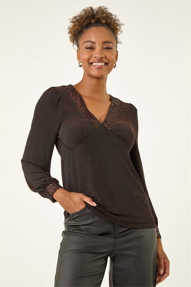 Roman Bronze Brillo Sequin V-Neck Top