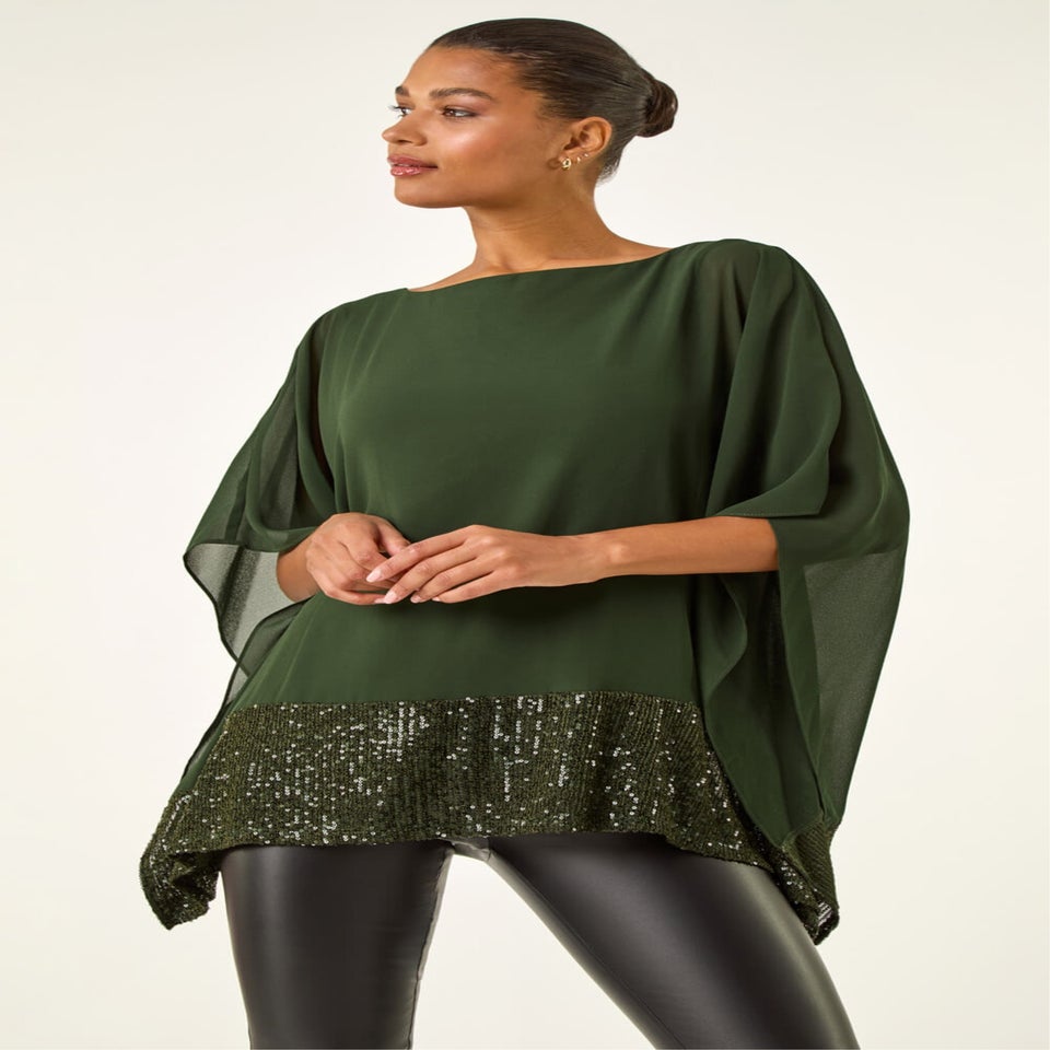 Roman Dark Green Sequin Hem Contrast Tunic Top