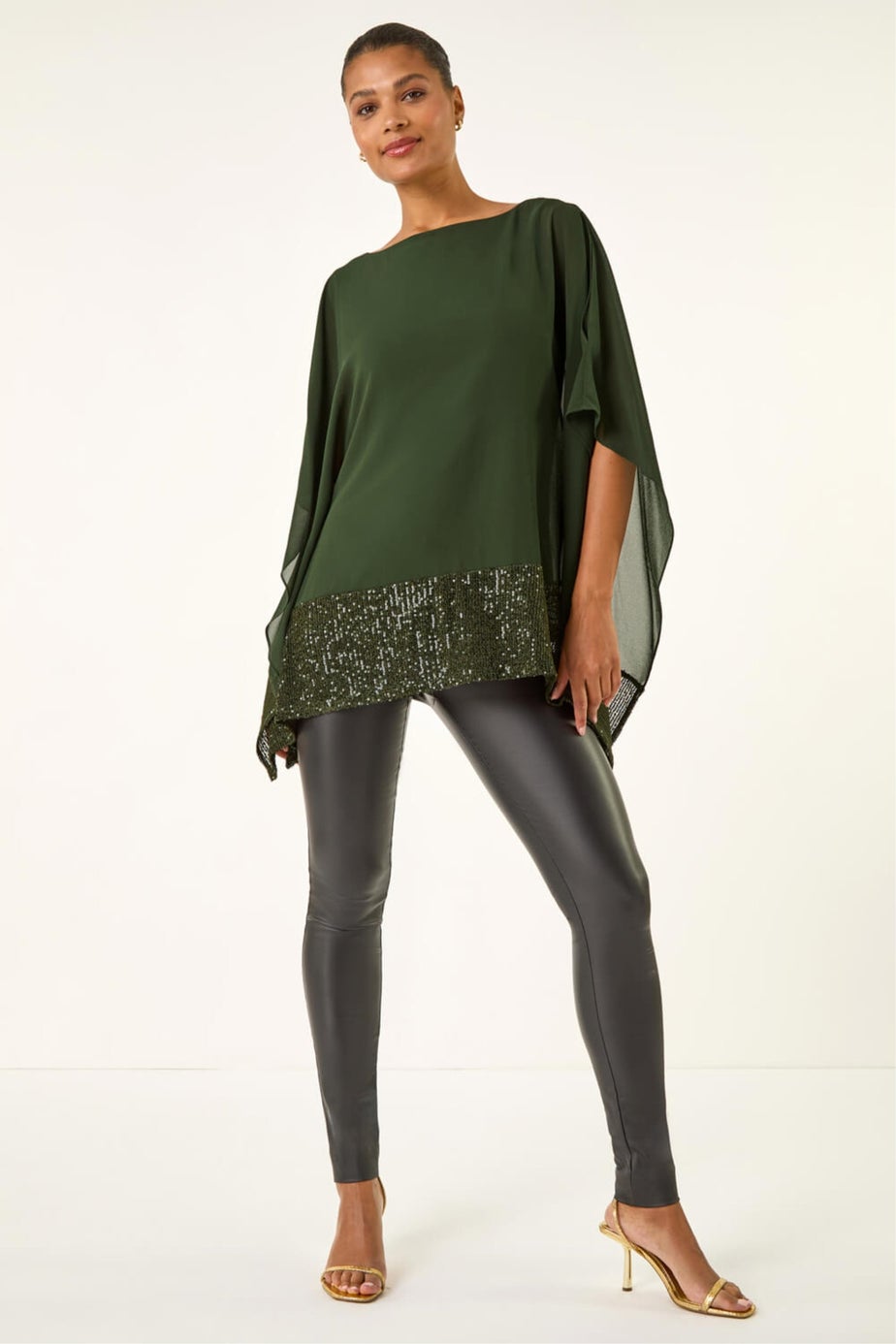 Roman Dark Green Sequin Hem Contrast Tunic Top