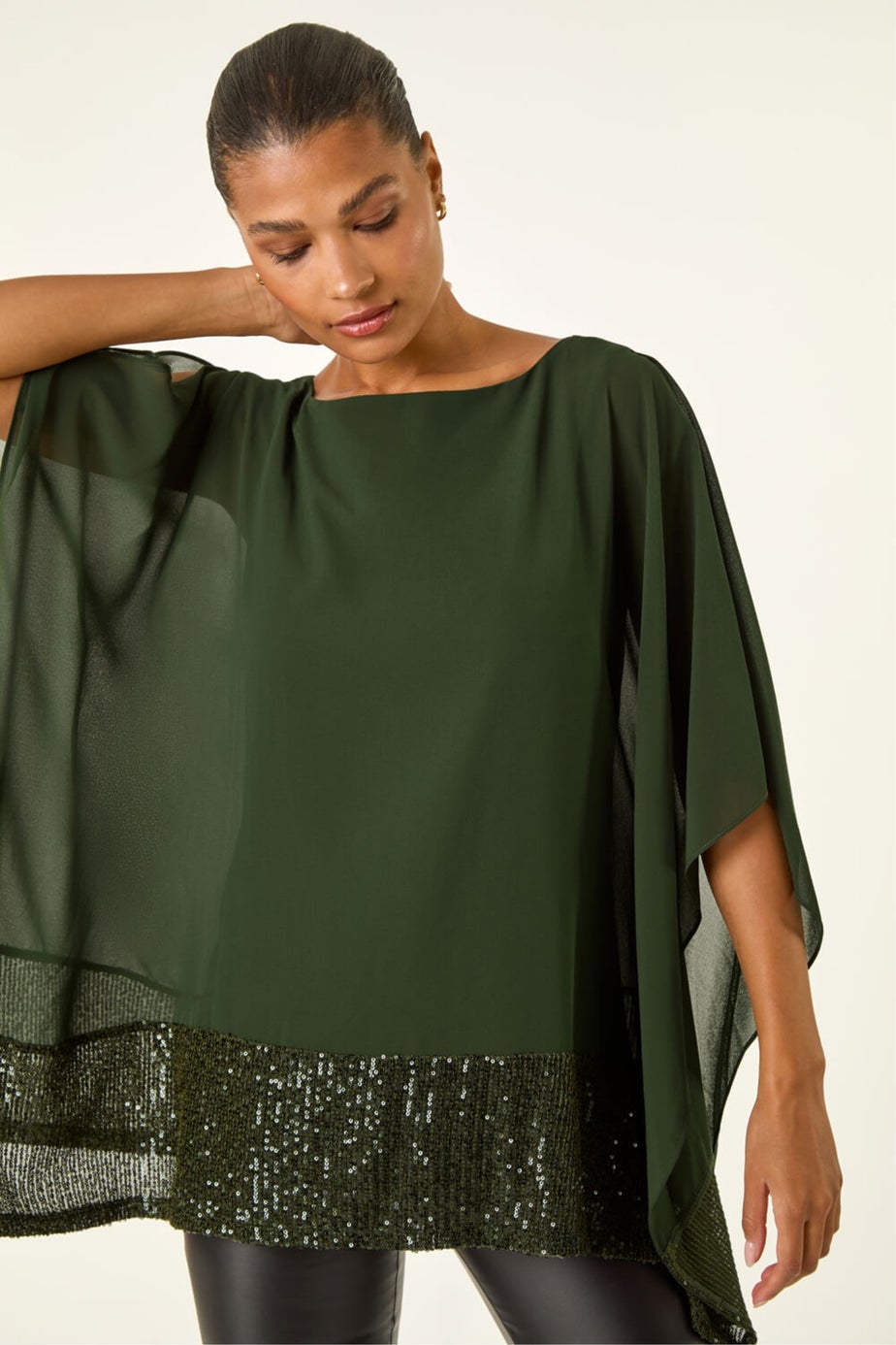 Roman Dark Green Sequin Hem Contrast Tunic Top