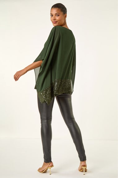 Roman Dark Green Sequin Hem Contrast Tunic Top