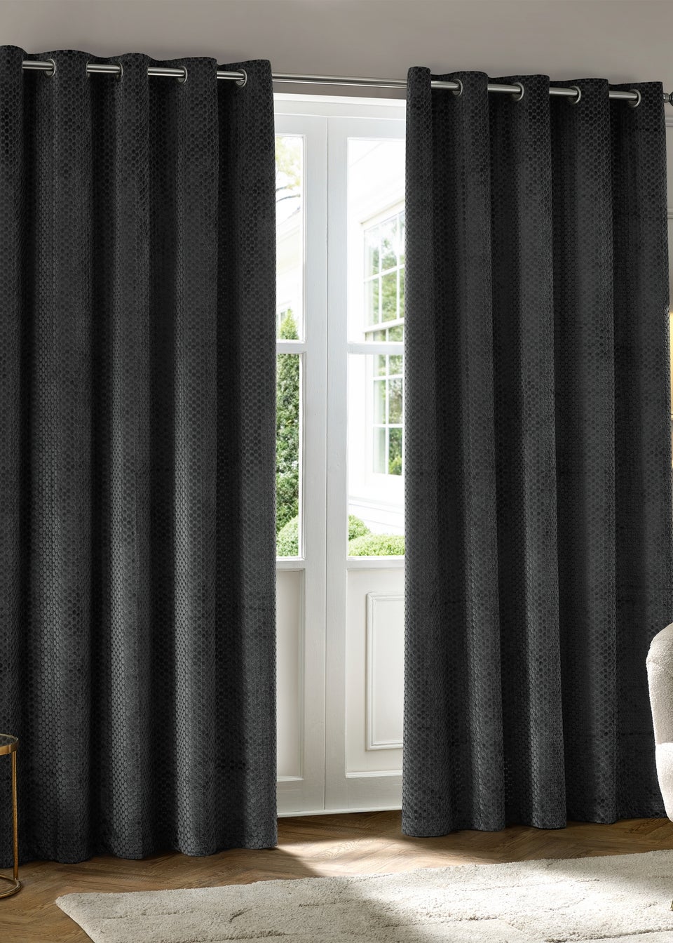 Paoletti Neptune Velvet Room Darkening Eyelet Curtain Pair Charcoal