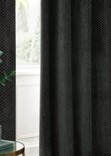 Paoletti Neptune Velvet Room Darkening Eyelet Curtain Pair Charcoal