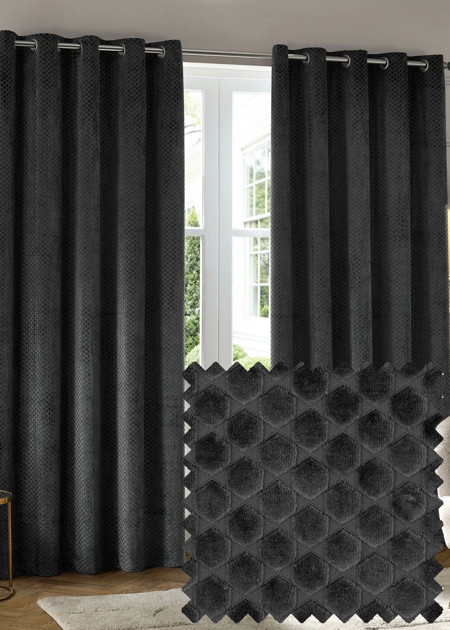 Paoletti Neptune Velvet Room Darkening Eyelet Curtain Pair Charcoal