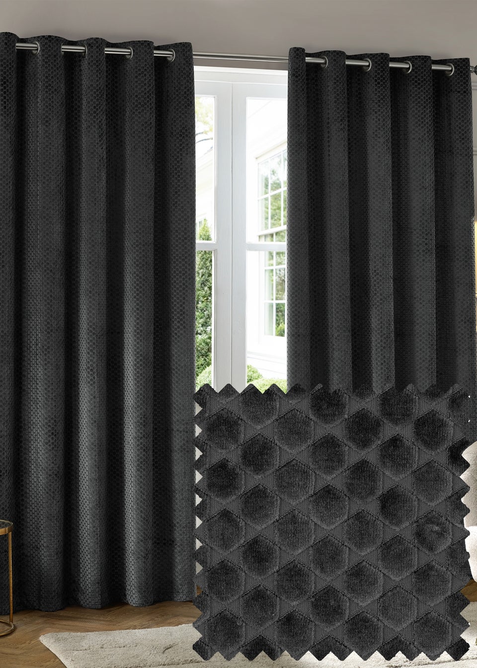 Paoletti Neptune Velvet Room Darkening Eyelet Curtain Pair Charcoal