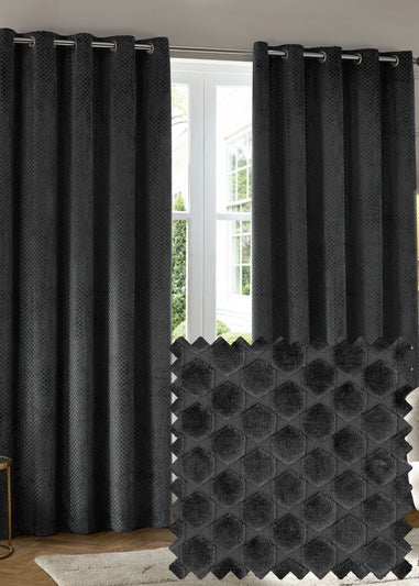 Paoletti Neptune Velvet Room Darkening Eyelet Curtain Pair Charcoal
