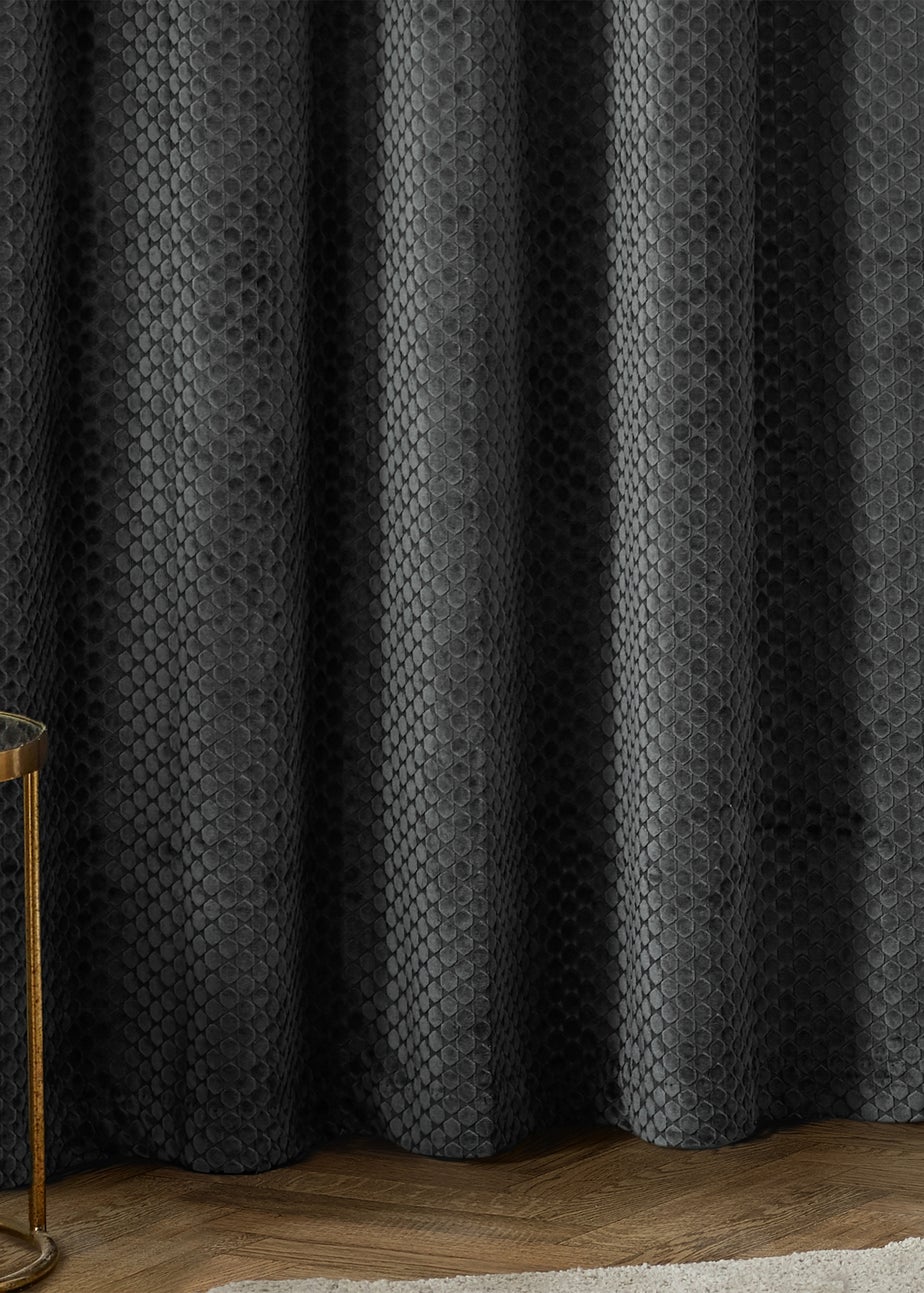 Paoletti Neptune Velvet Room Darkening Eyelet Curtain Pair Charcoal