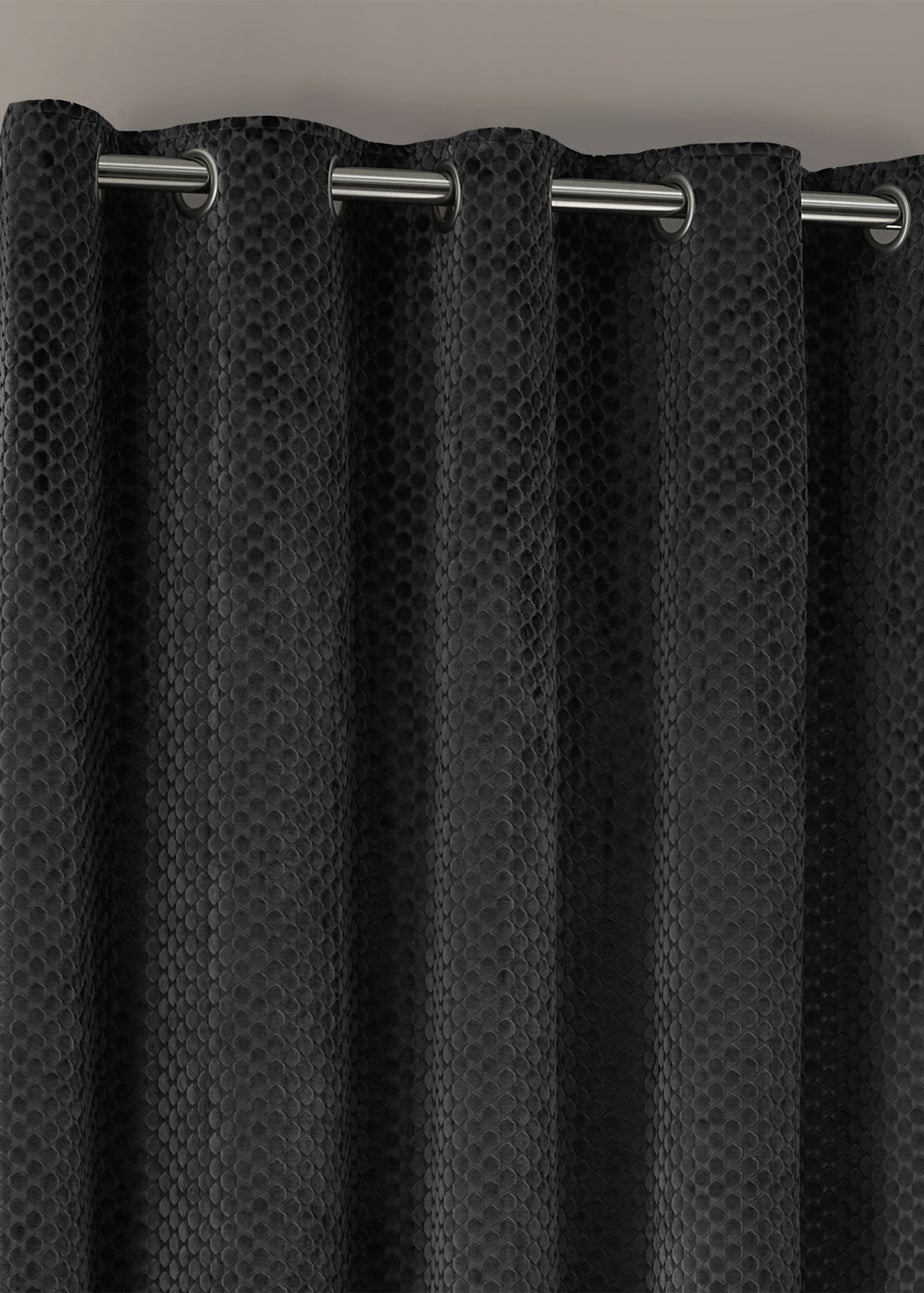 Paoletti Neptune Velvet Room Darkening Eyelet Curtain Pair Charcoal