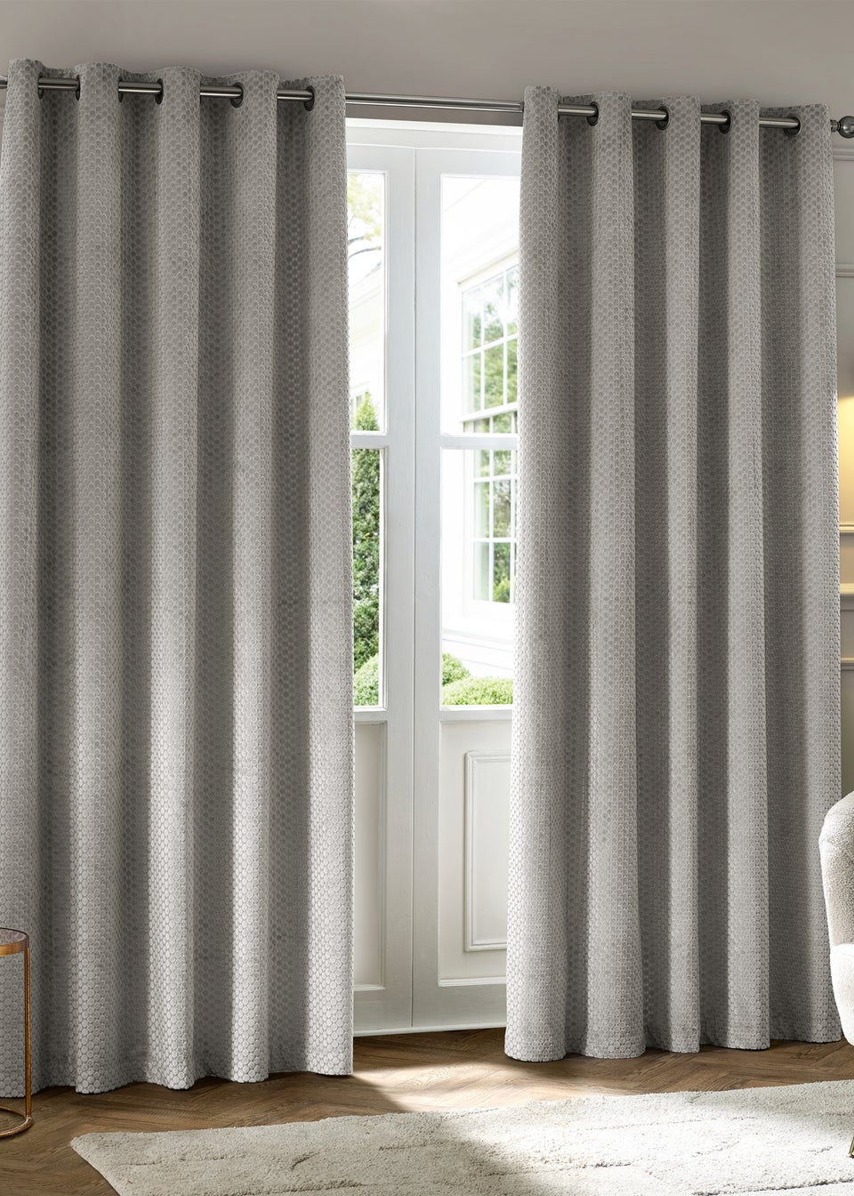 Paoletti Neptune Velvet Room Darkening Eyelet Curtain Pair Silver