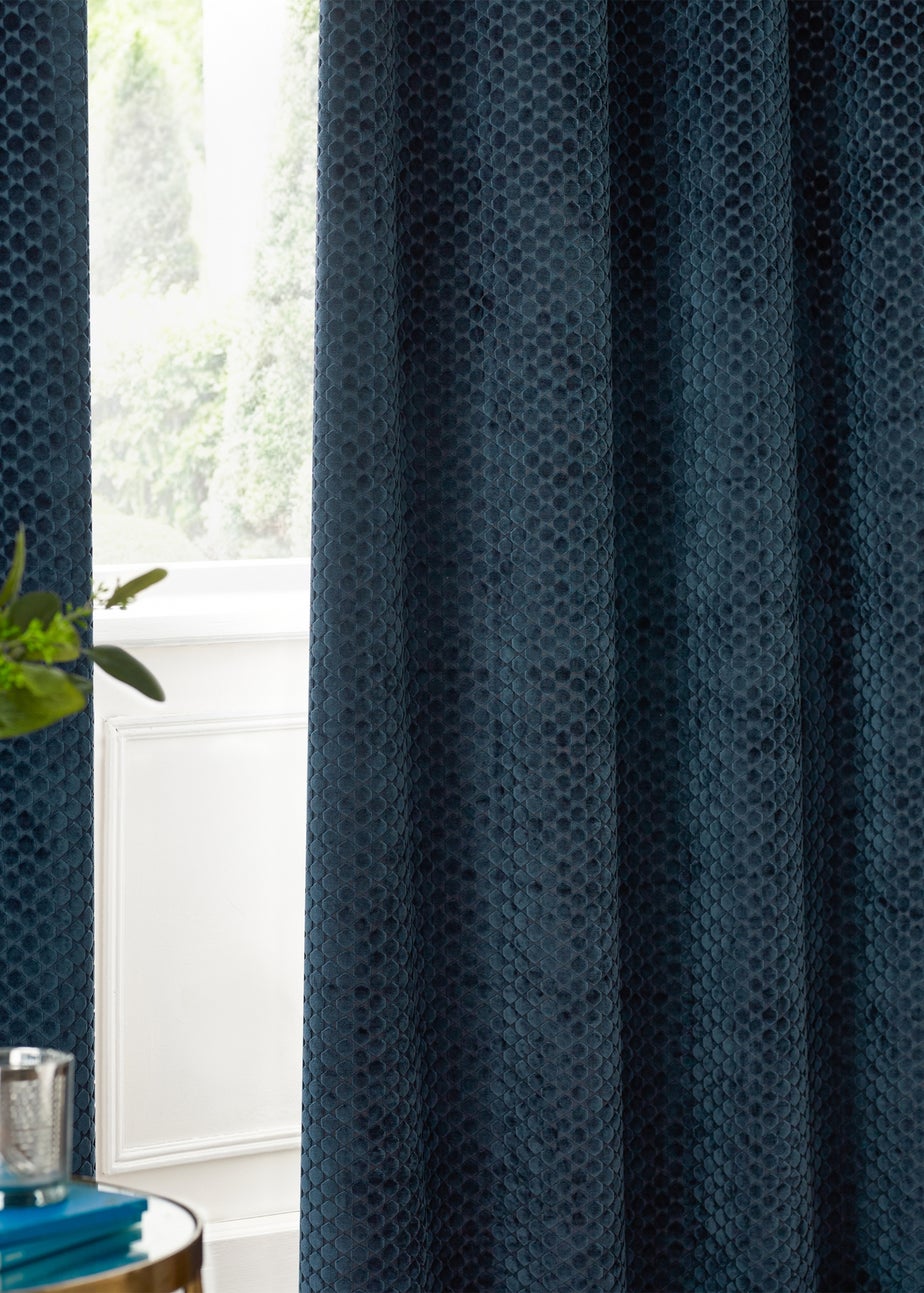 Paoletti Neptune Velvet Room Darkening Eyelet Curtain Pair Navy