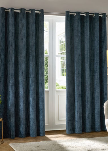 Paoletti Neptune Velvet Room Darkening Eyelet Curtain Pair Navy