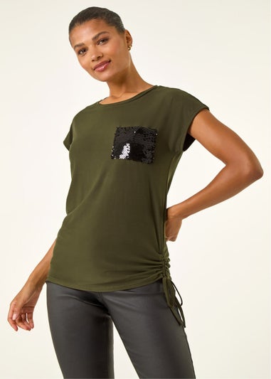 Roman Olive Sequin Pocket Side Ruched T-Shirt