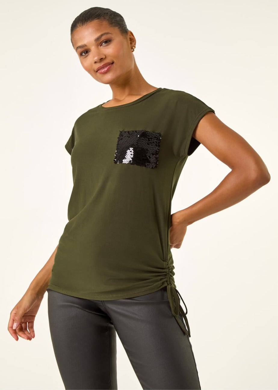 Roman Olive Sequin Pocket Side Ruched T-Shirt