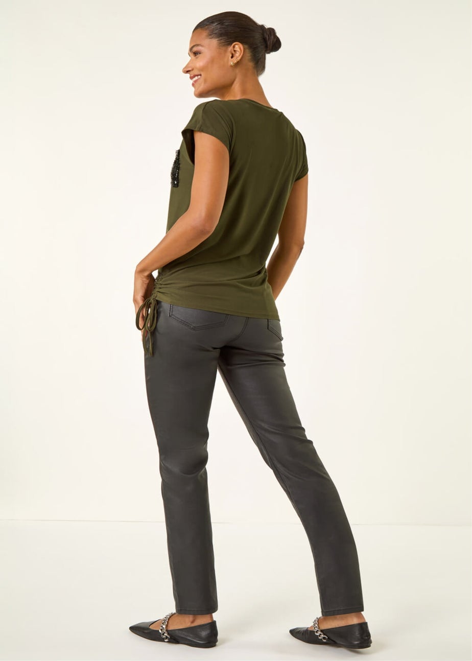 Roman Olive Sequin Pocket Side Ruched T-Shirt