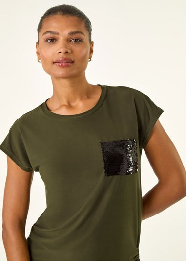Roman Olive Sequin Pocket Side Ruched T-Shirt