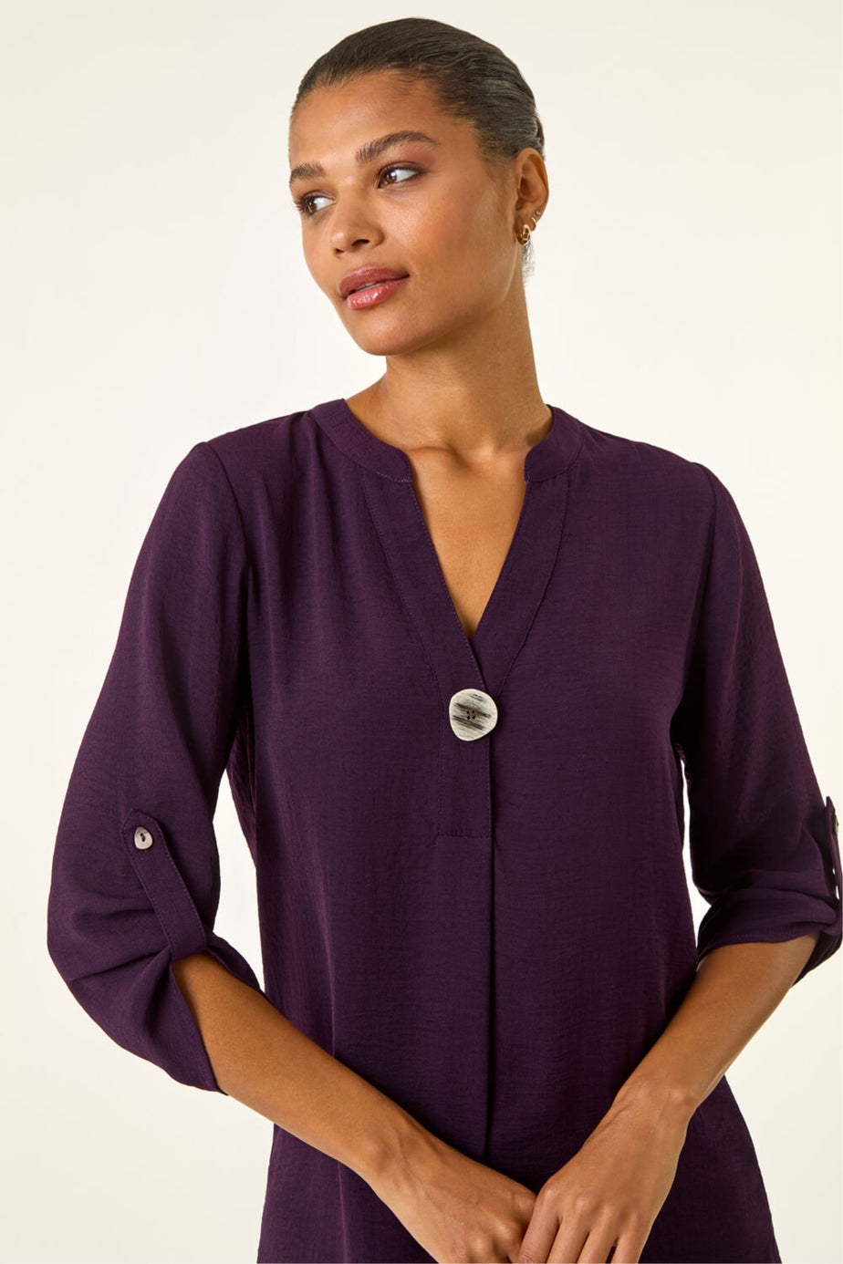 Roman Purple Longline Buttoned Notch Neck Top