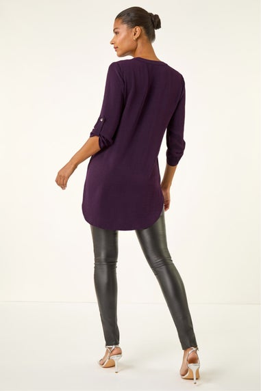 Roman Purple Longline Buttoned Notch Neck Top