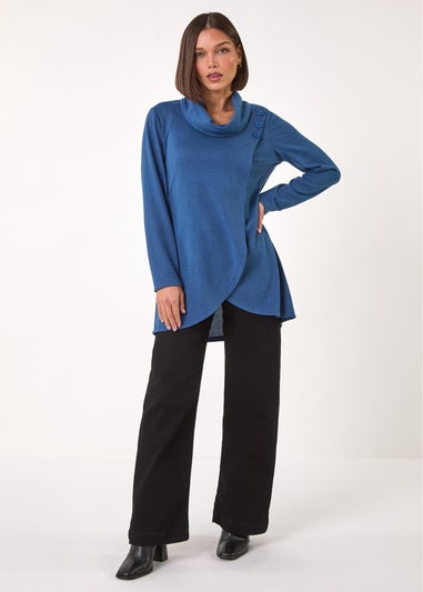 Roman Blue Wrap Front Cowl Neck Top