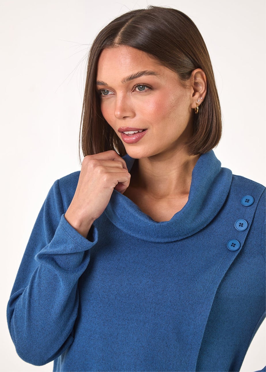 Roman Blue Wrap Front Cowl Neck Top
