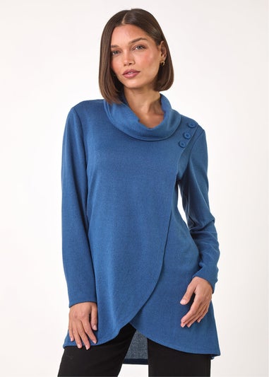 Roman Blue Wrap Front Cowl Neck Top