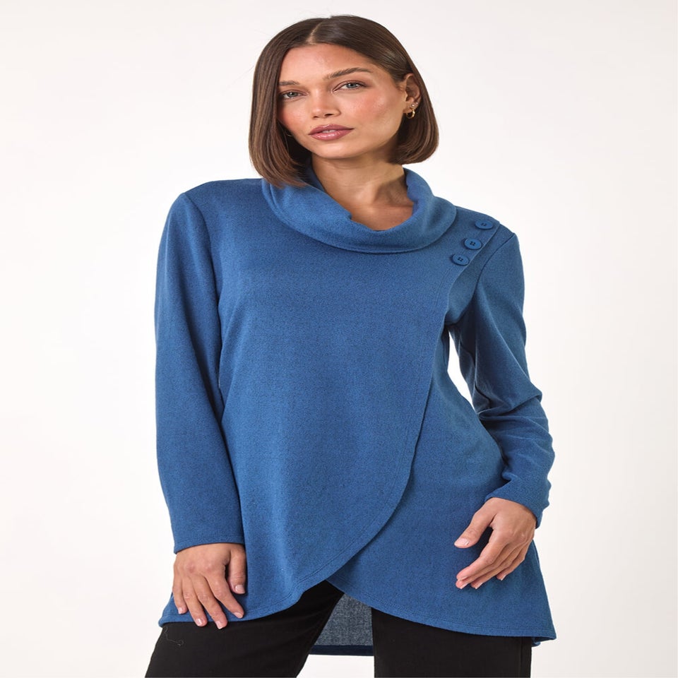 Roman Blue Wrap Front Cowl Neck Top