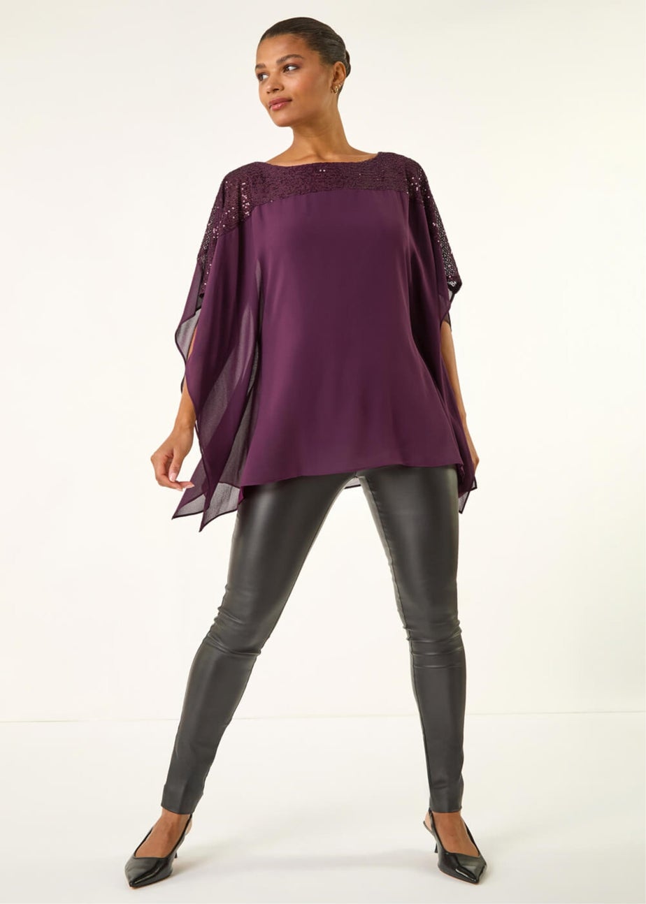Roman Plum Sequin Yoke Contrast Chiffon Top