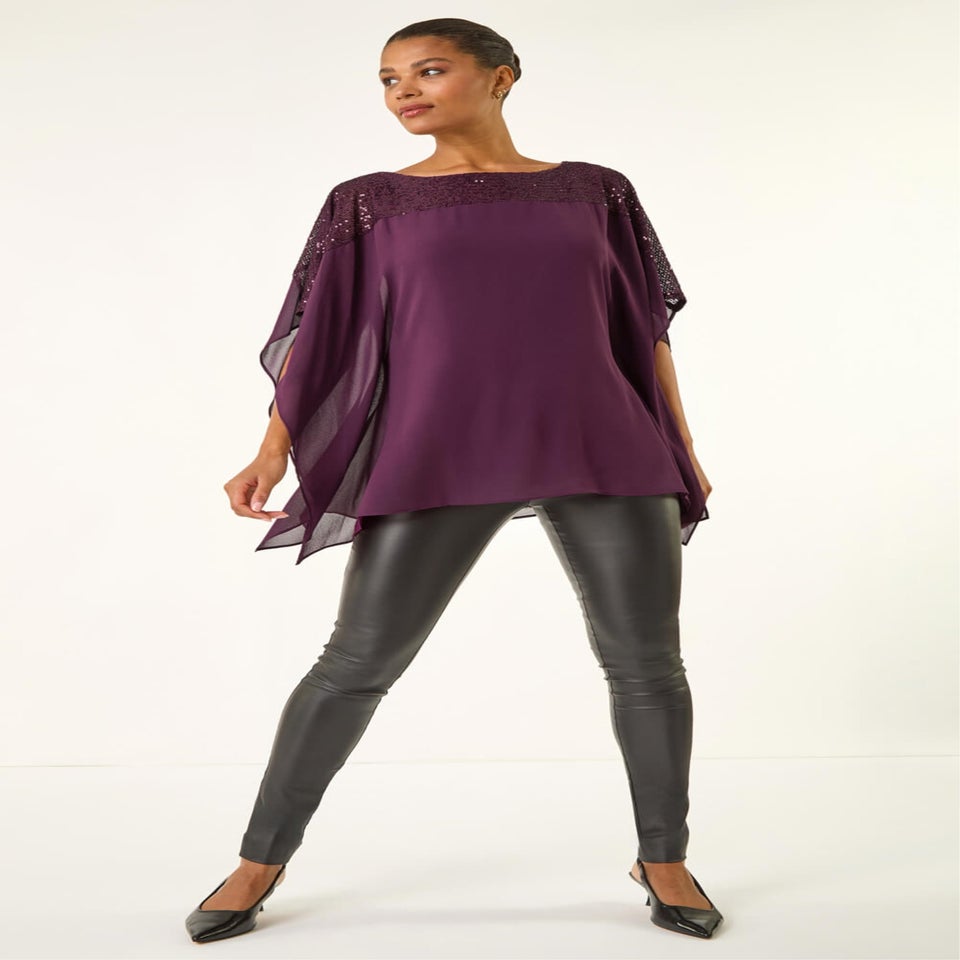 Roman Plum Sequin Yoke Contrast Chiffon Top