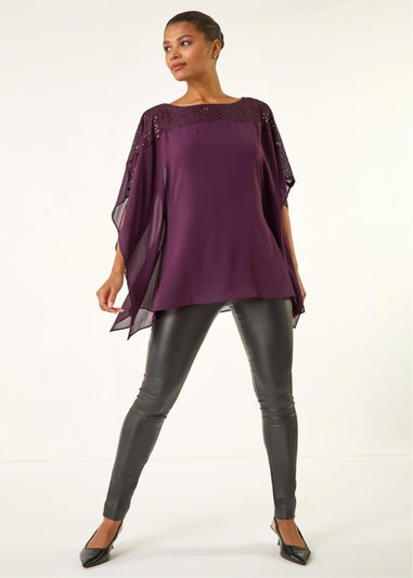 Roman Plum Sequin Yoke Contrast Chiffon Top
