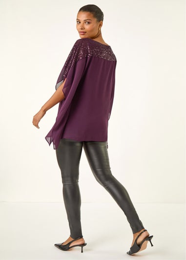 Roman Plum Sequin Yoke Contrast Chiffon Top