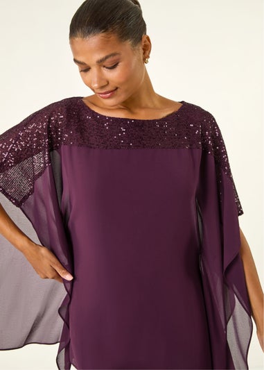 Roman Plum Sequin Yoke Contrast Chiffon Top