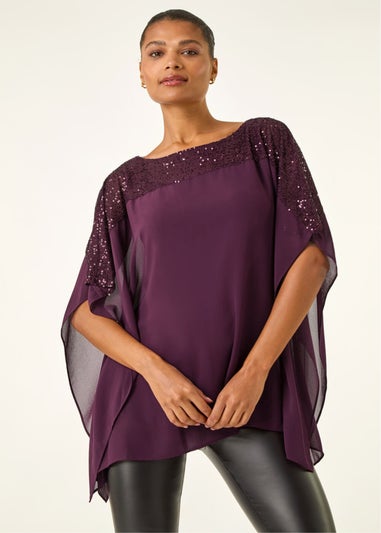 Roman Plum Sequin Yoke Contrast Chiffon Top
