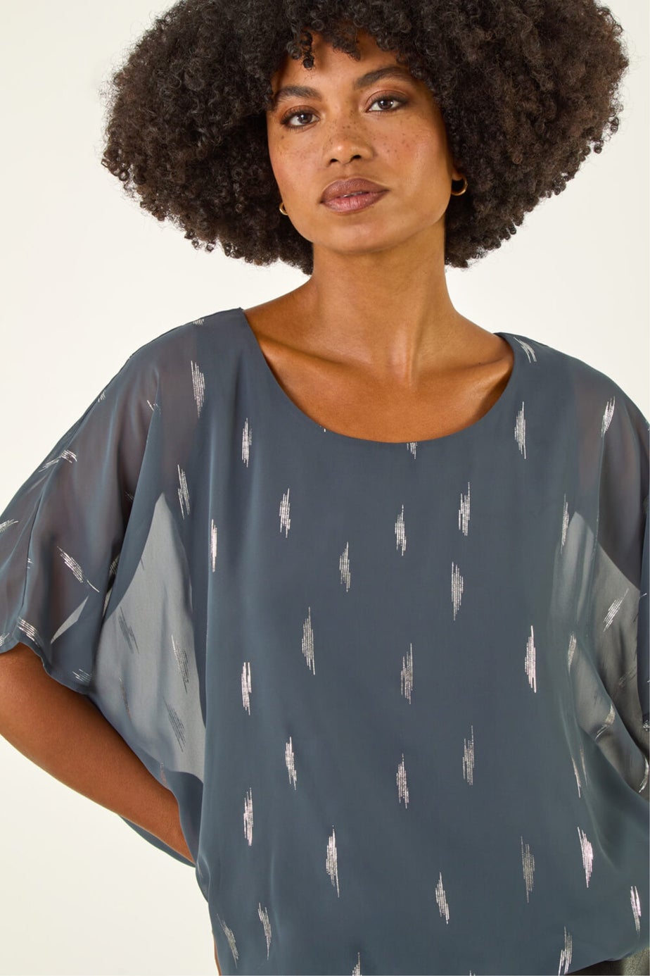 Roman Grey Foil Print Bubble Hem Top