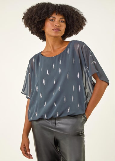 Roman Grey Foil Print Bubble Hem Top